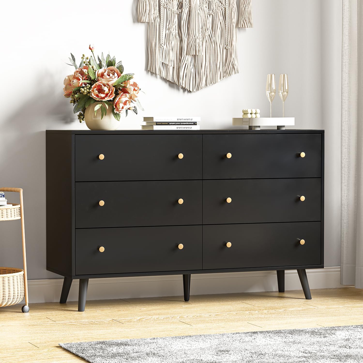 Black Dresser, Modern 6 Drawer Double Dressers, Wood Chest of Drawers for Living Room, Hallway, Entryway