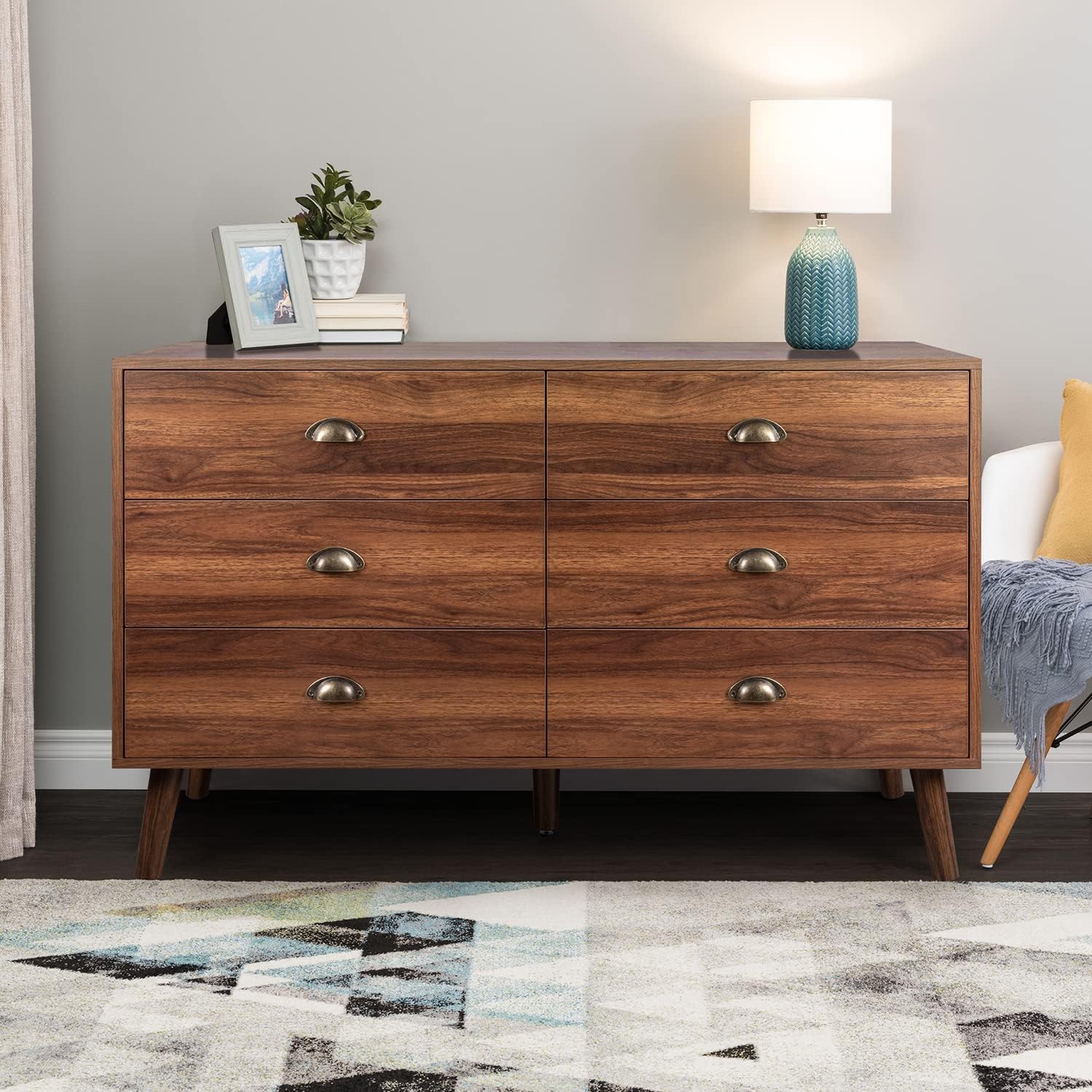 JOZZBY 6 Drawer Dresser with Metal Handle for Bedroom, Mid-Century, Modern Walnut Wood Dresser Chest of Drawers for Living Room, Hallway