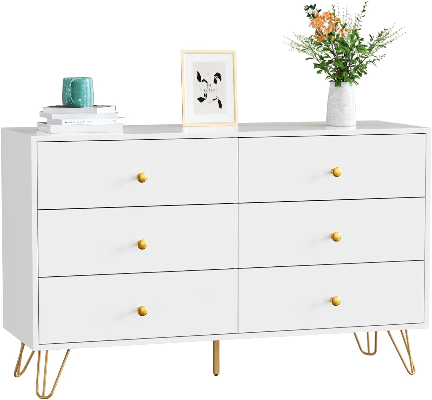 CARPETNAL White Dresser for Bedroom, 6 Drawer Dresser with Wide Drawers and Gold Metal Handles, Wood Dressers & Chest of Hallway, Entryway.