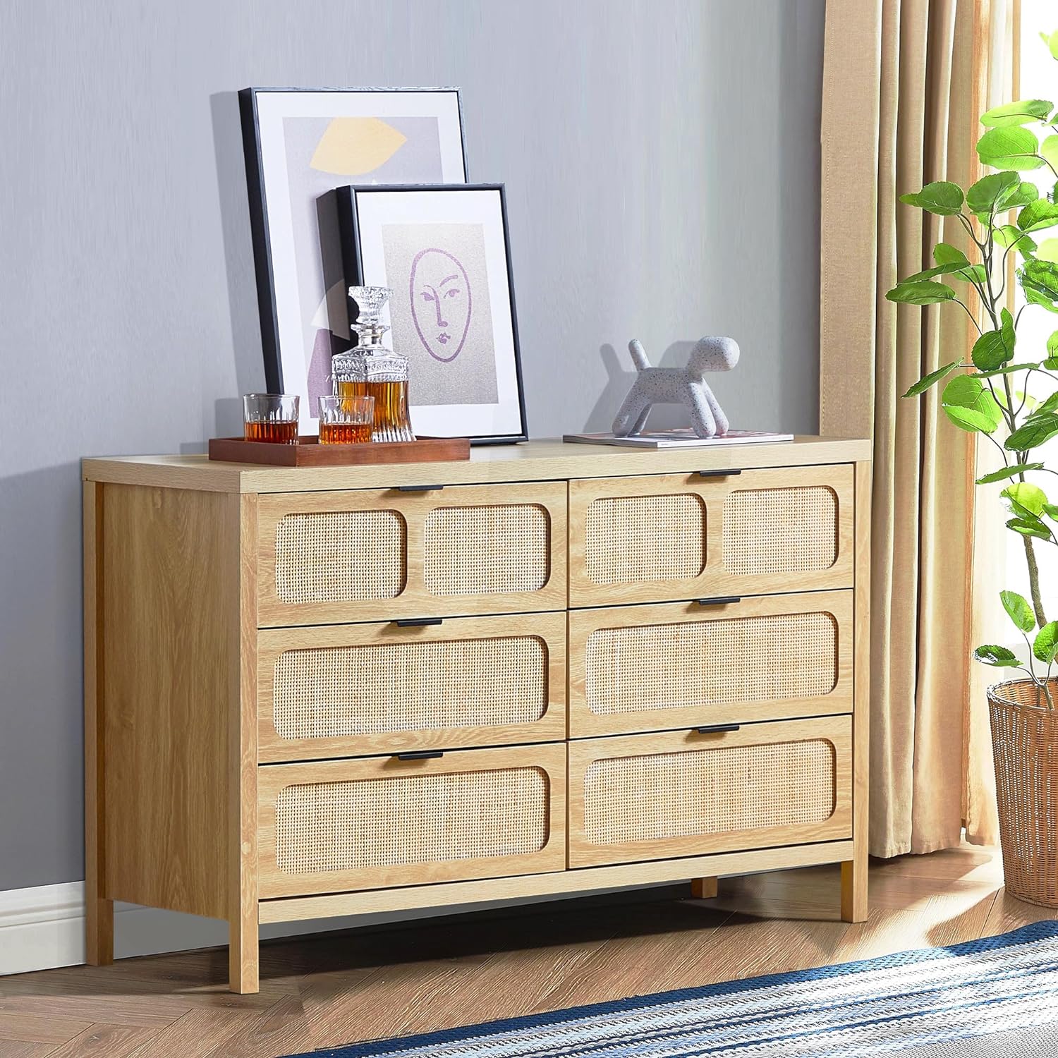 LEVNARY 6 Drawer Dresser for Bedroom, Rattan Dresser Drawer Organizer with Metal Handles, Accent Wood Chest of Drawers for Entryway, Closet, Living Room, Hallway, Nursery (Oak)