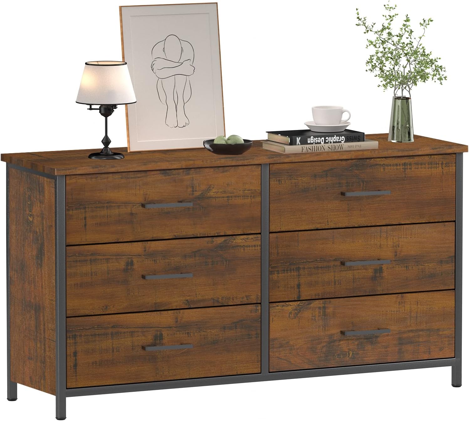 IKENO 6 Drawer Double Dresser, Industrial Wood Dresser for Bedroom, Storage Cabinet with Sturdy Steel Frame