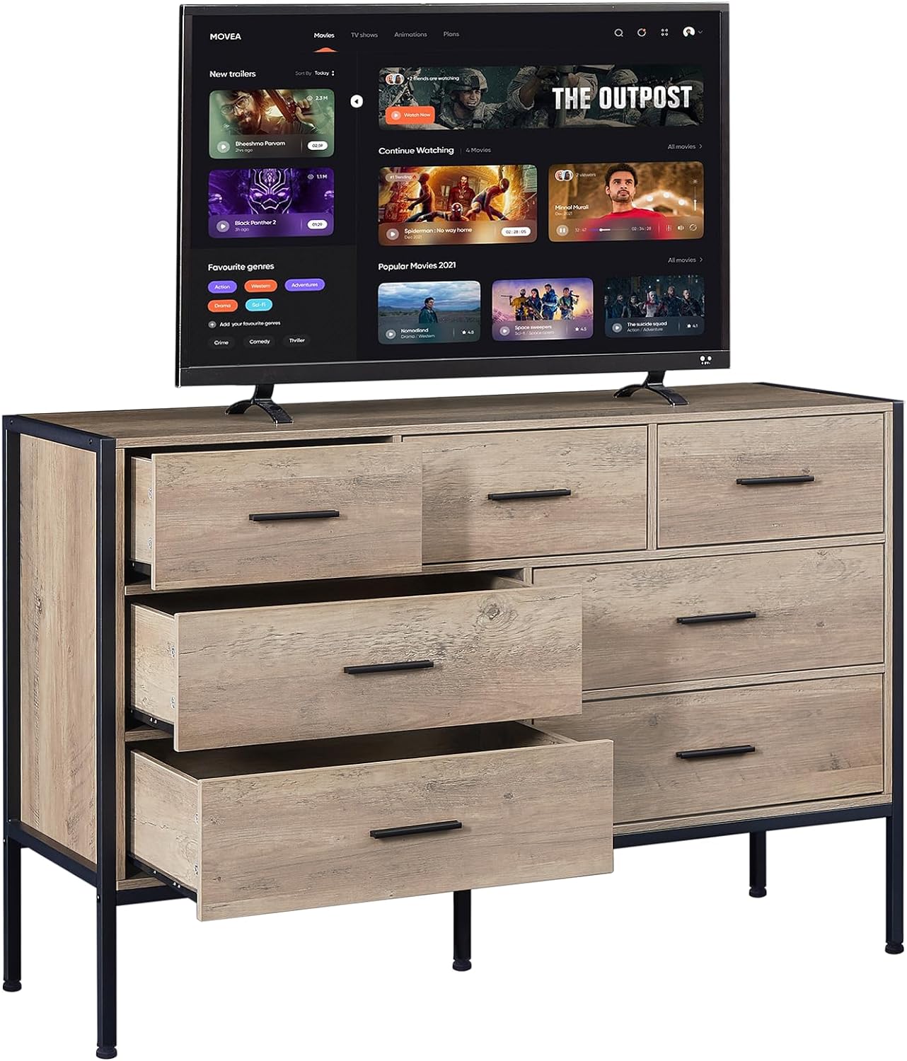 Wood Rustic Dresser Wide 48'' Wooden TV Stand for Bedroom, Mid Century Modern Chest with Antique Finish, Perfect for Living Room Storage, 48.5 15.7 31, Gray-7 Drawers