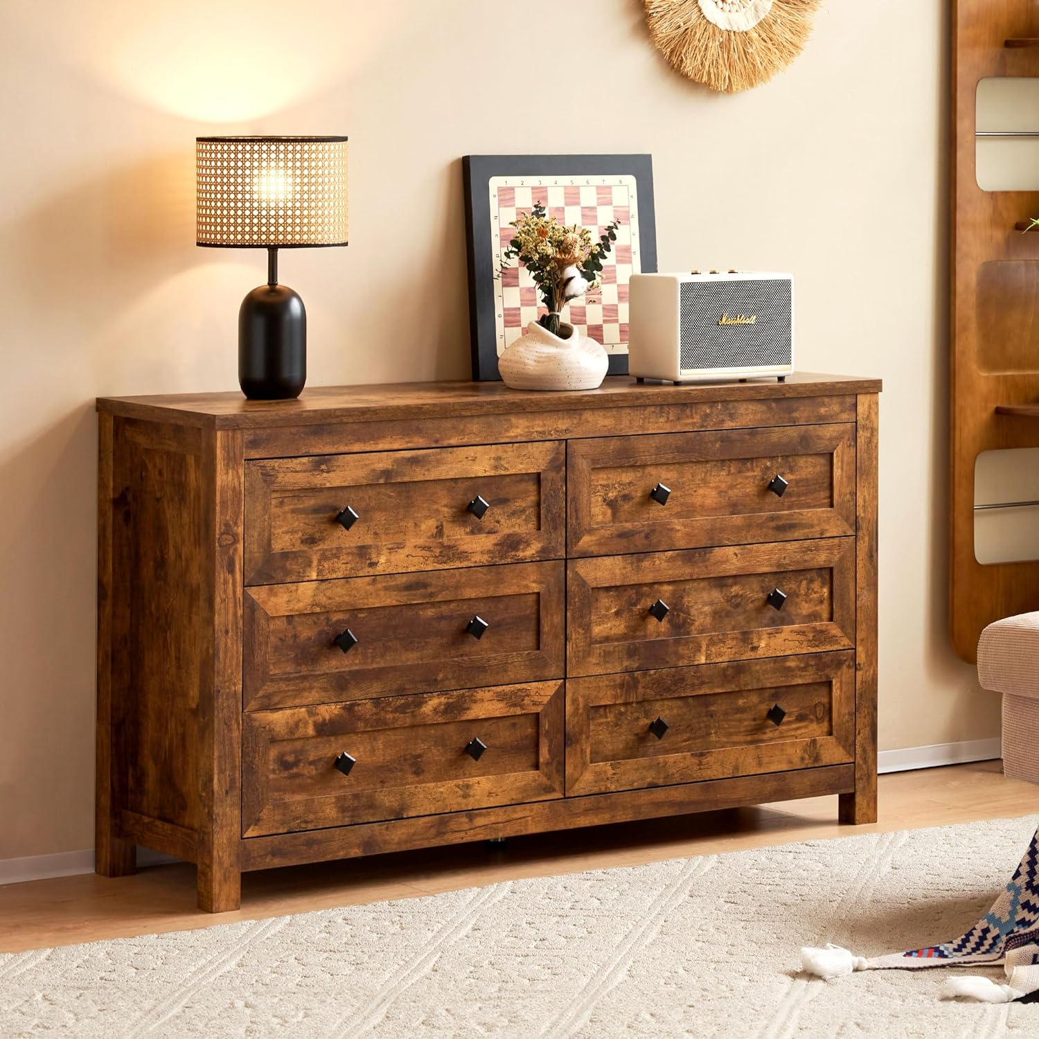 6 Drawers Dresser for Bedroom, Farmhouse Wood Chest of Drawers with Vintage Grain Texture, Drawer Double Dresser for Bedroom, Living Room, Hallway, Rustic Brown