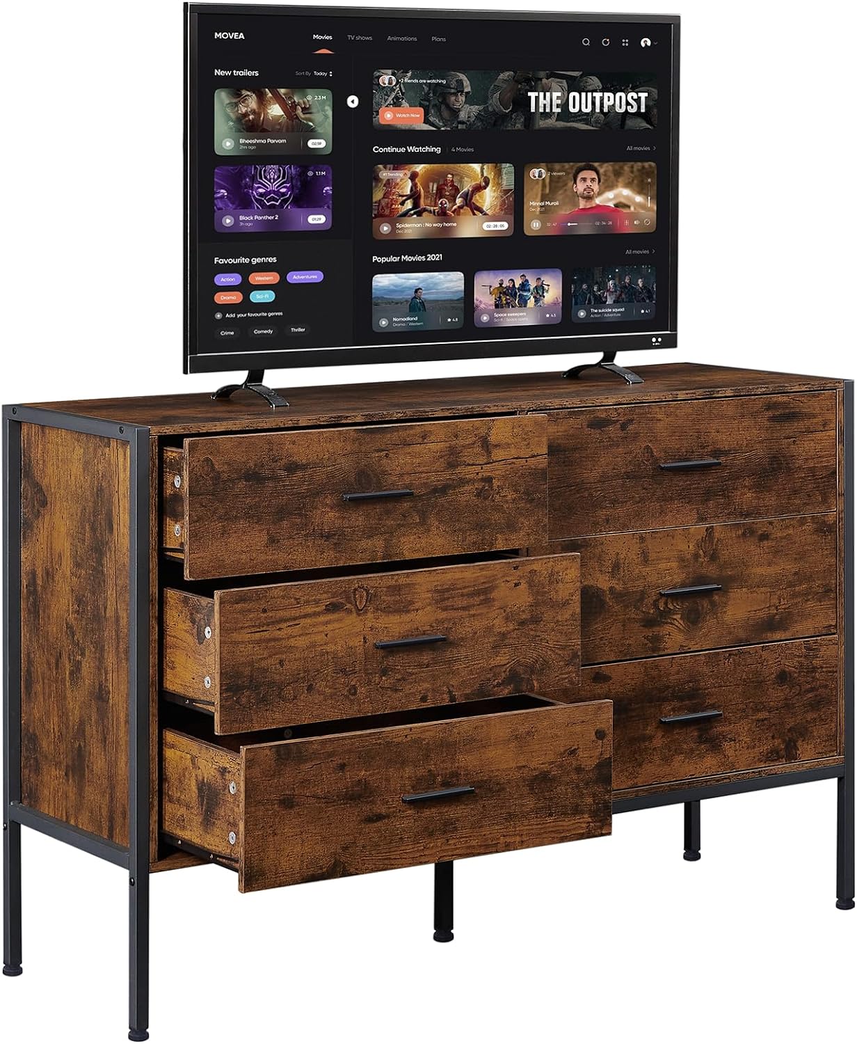 Wood Dresser Wide 48'' Wooden TV Stand for Bedroom, Mid Century Modern Chest with Antique Finish, Perfect for Living Room Storage, 48.5 15.7 31, Rustic-6 Drawers