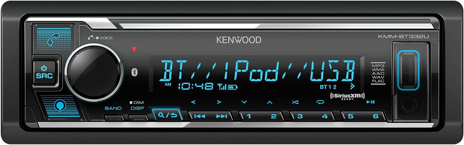 KENWOOD KMM-BT332U Bluetooth Single DIN Car Stereo with USB Port, AM/FM Radio, MP3 Player, Multi Color LCD, Detachable Face, Built in Amazon Alexa, Compatible with SiriusXM Tuner