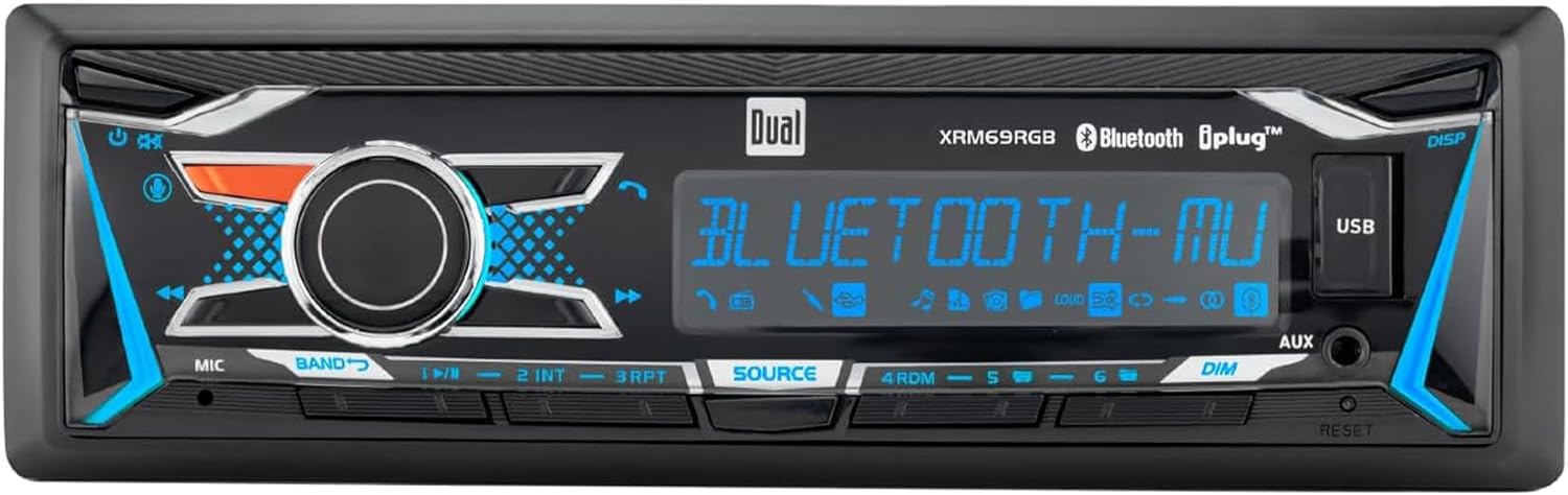 Dual Electronics XRM69RGB | 12 Character LCD Single DIN Car Stereo | RGB Custom Colors | Push to Talk Assistant | Bluetooth Hands Free Calling Music Streaming | AM/FM | USB Playback & Charging