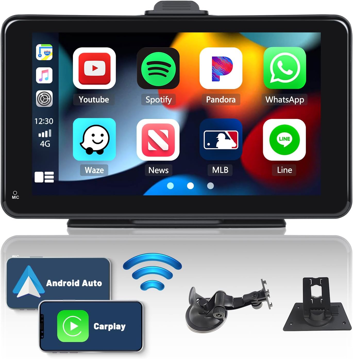 Portable Apple Carplay Screen Wireless Apple Car Play Android Auto, 7 Inch Touchscreen Wireless Carplay Screen for Car Support Apple Airplay Voice Control FM Bluetooth AUX