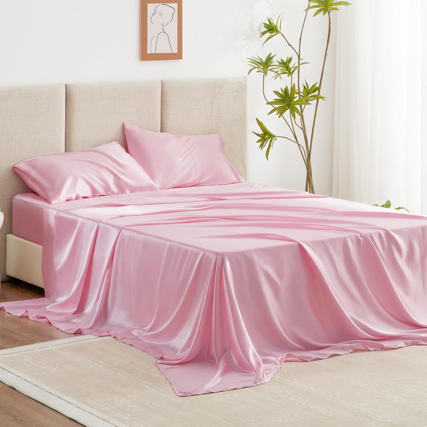 Love' cabin Satin Queen Sheets Set - 4 Piece Pink Silky Satin Bed Sheets Queen Set with Deep Pocket, Luxury Silk Feel Satin Queen Size Sheet Set (1 Flat Sheet,1 Fitted Sheet,2 Pillow Cases)