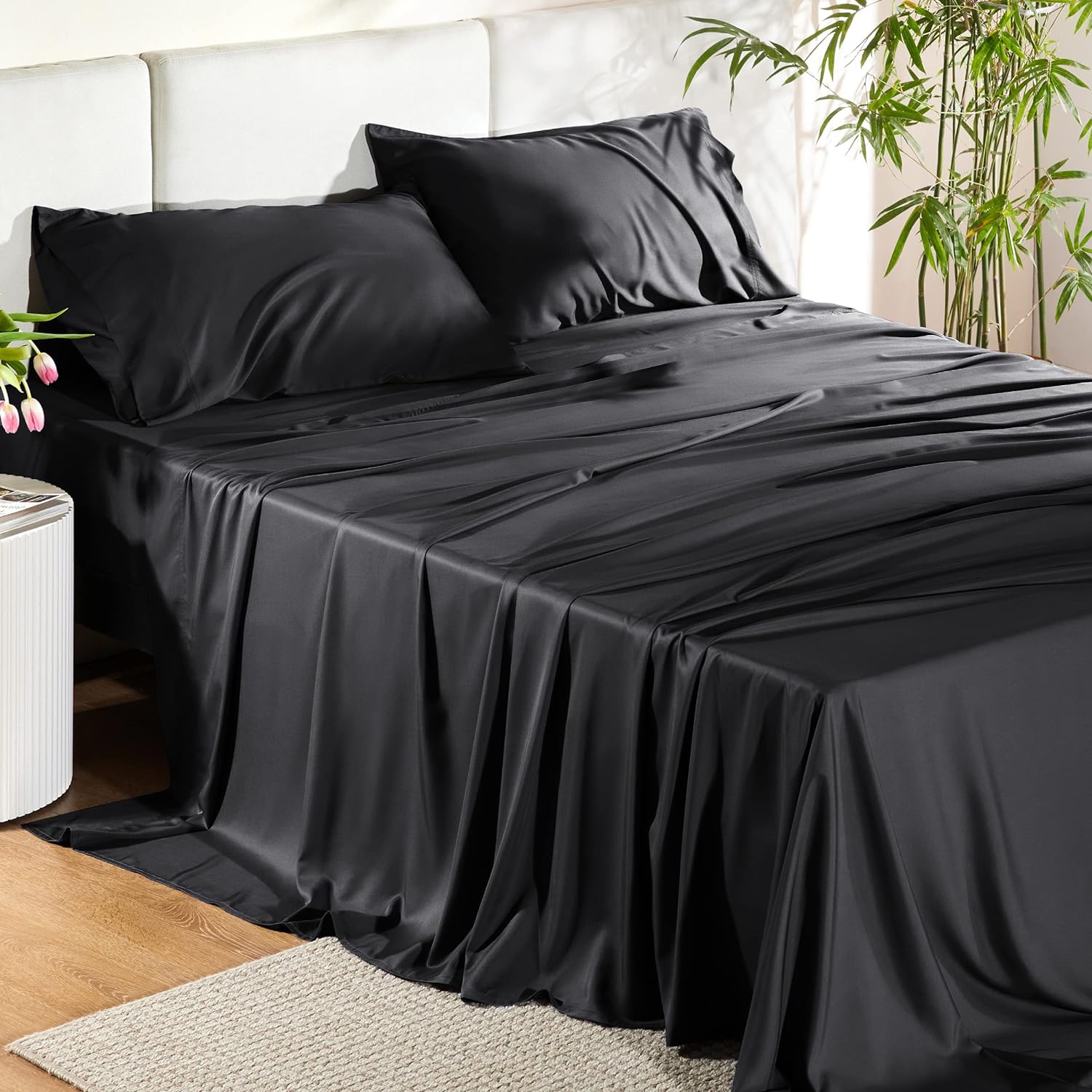 Bedsure Queen Sheets, Rayon Derived from Bamboo, Queen Cooling Sheet Set, Deep Pocket Up to 16, Breathable & Soft Bed Sheets, Hotel Luxury Silky Bedding Sheets & Pillowcases, Black