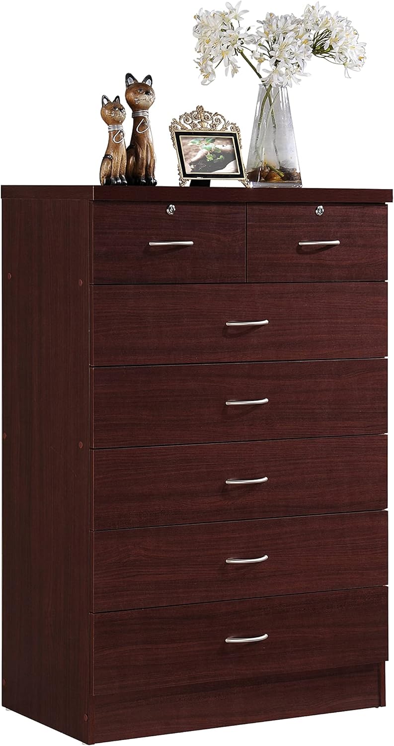 HODEDAH 7 Drawer Wood Dresser for Bedroom, 31.5 inch Wide Chest of Drawers, with 2 Locks on the Top Drawers, Storage Organization Unit for Clothing, Mahogany