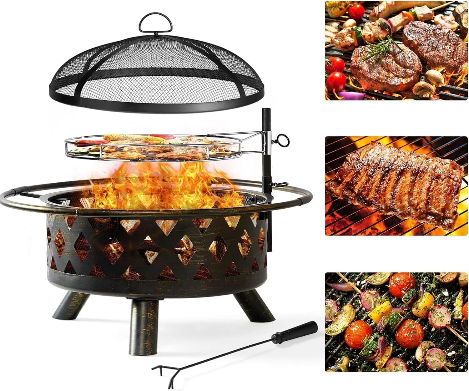 Aoxun Fire Pit 30in with Grill Outdoor Wood Burning 2 in 1 Fire Pit with Fire Poker (Black)