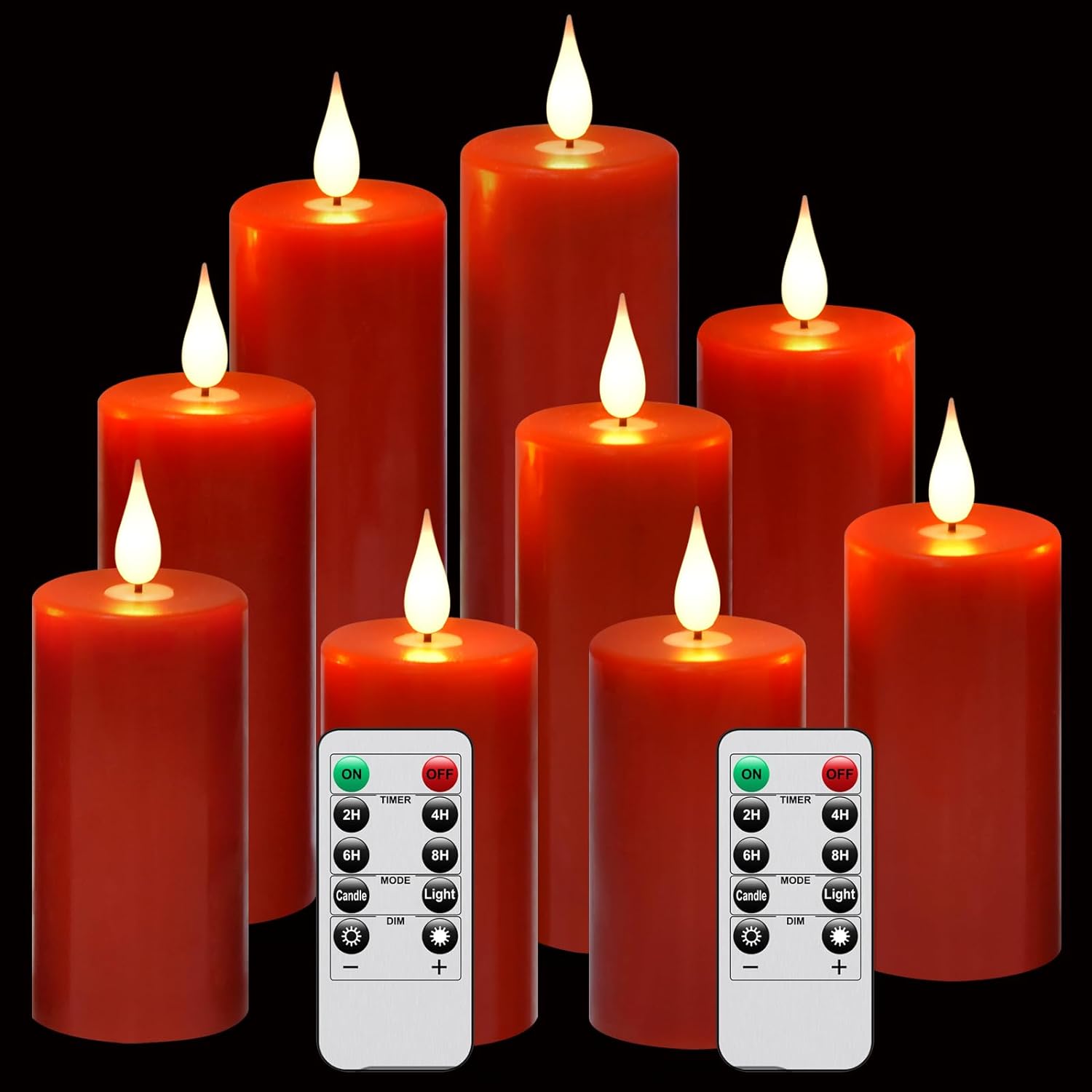 Flameless Flickering Battery Operated Candles 9PACK Real Wax Pillar LED Candles with 10-Key Remote Control and 24 Hours Timer for Wedding, Party, Home Decoration (Red)