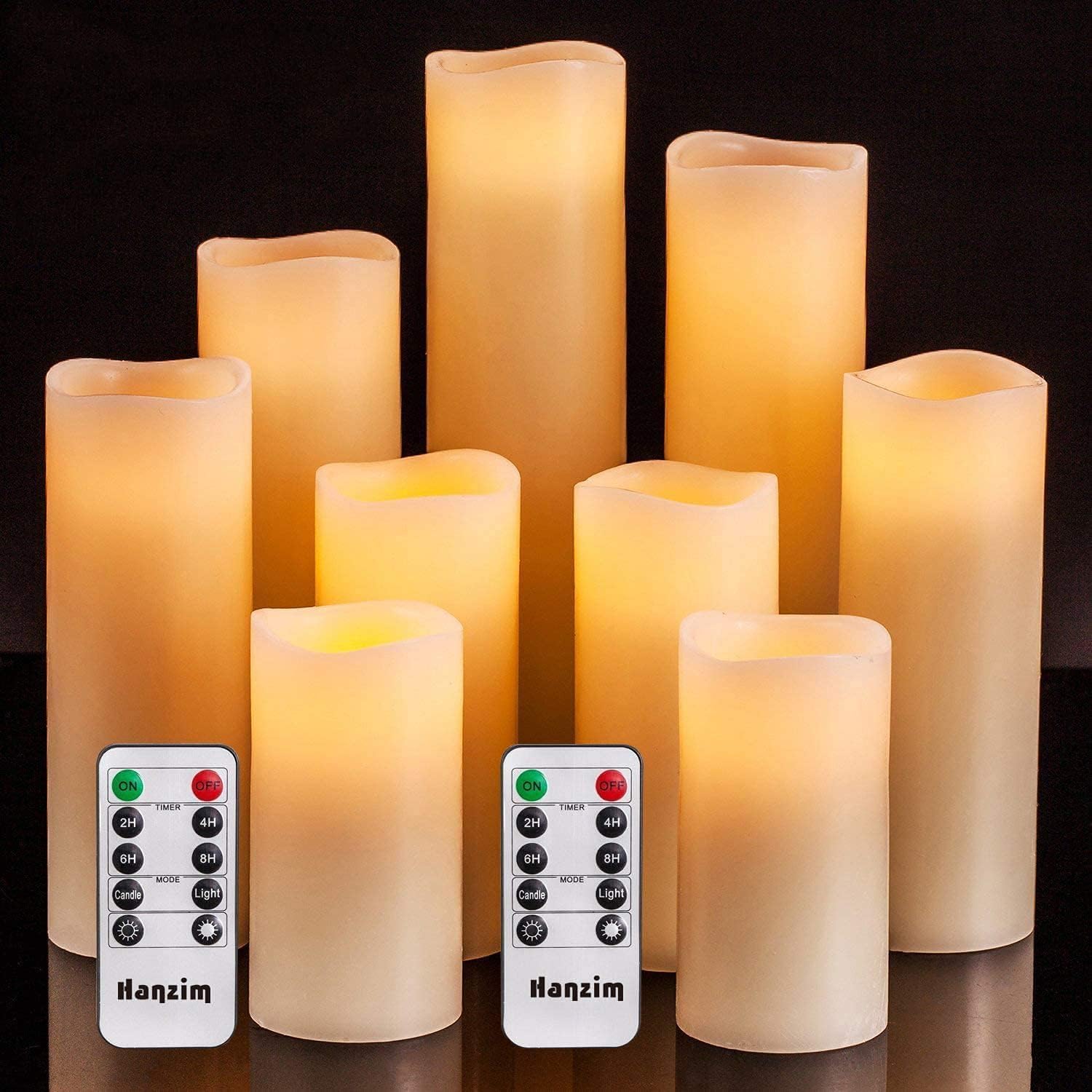 Flameless Flickering Battery Operated Candles 4 5 6 7 8 9 Set of 9 Ivory Real Wax Pillar LED Candles with 10-Key Remote and Cycling 24 Hours Timer (Ivory)