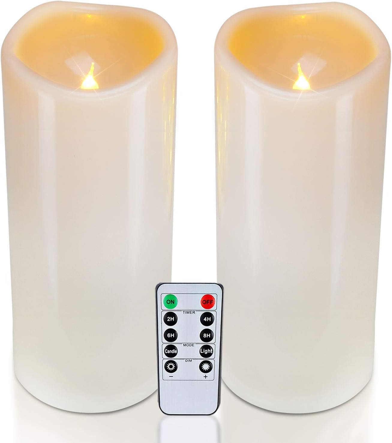 Homemory 4 x 10 Large Waterproof Outdoor Flameless Candles, Battery Operated LED Pillar Candles with Remote and Timers for Indoor Outdoor Lanterns, Long Lasting, Dark Ivory, Set of 2