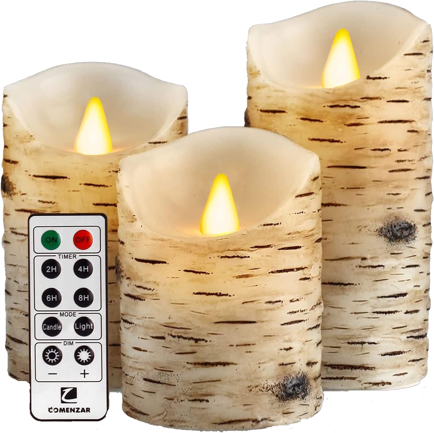 Flickering Flameless Candles, Candles Birch Set of 3 (H: 4 5 6 x D: 3.25) Birch Bark Battery Candles Pillar with Remote Timer