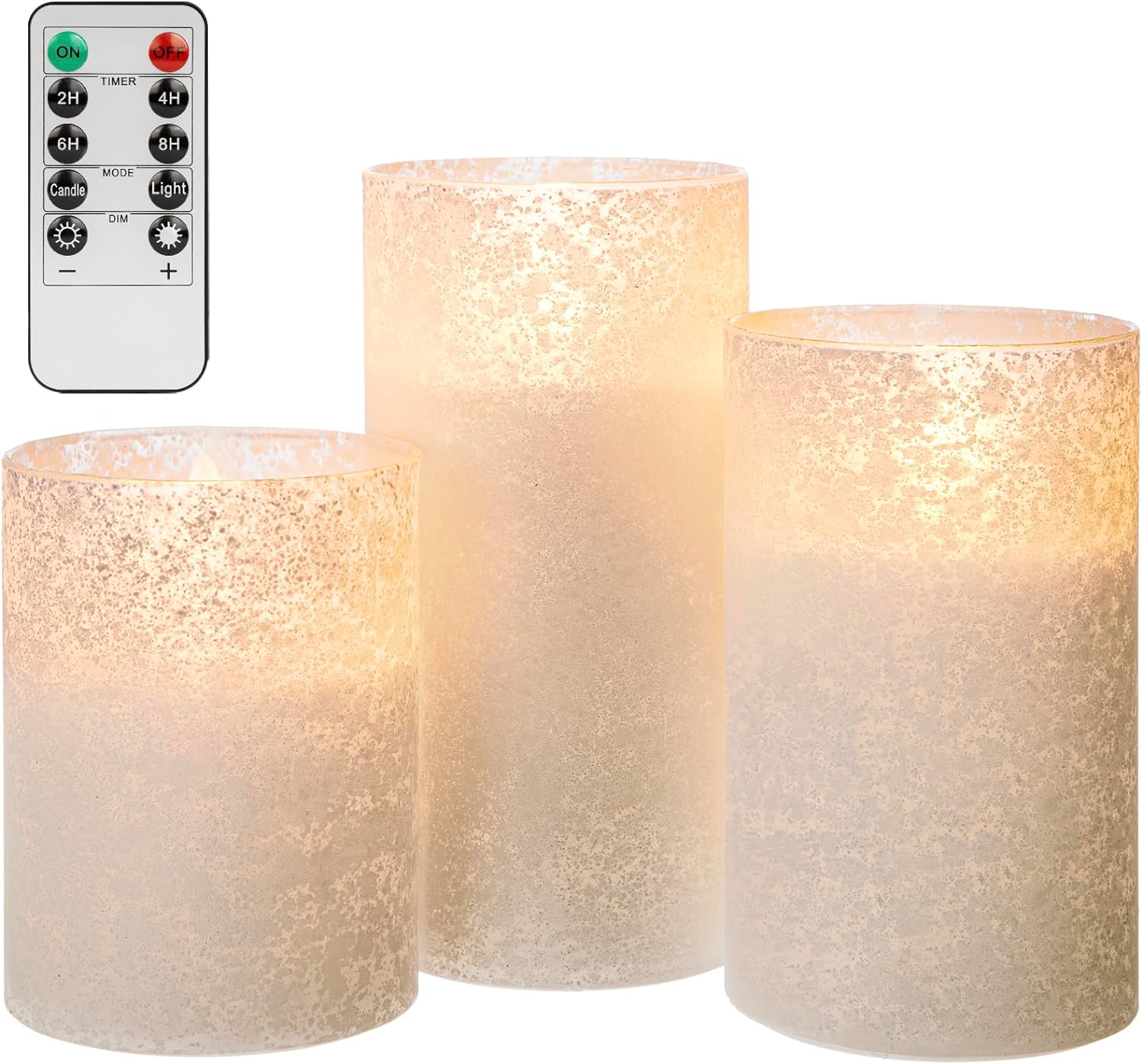 ANGELLOONG Glass Electric Candles Battery Operated, Flickering Flameless Candles with Remote, Fake LED Pillar Timer Candles for Home Decor, Sandblast White