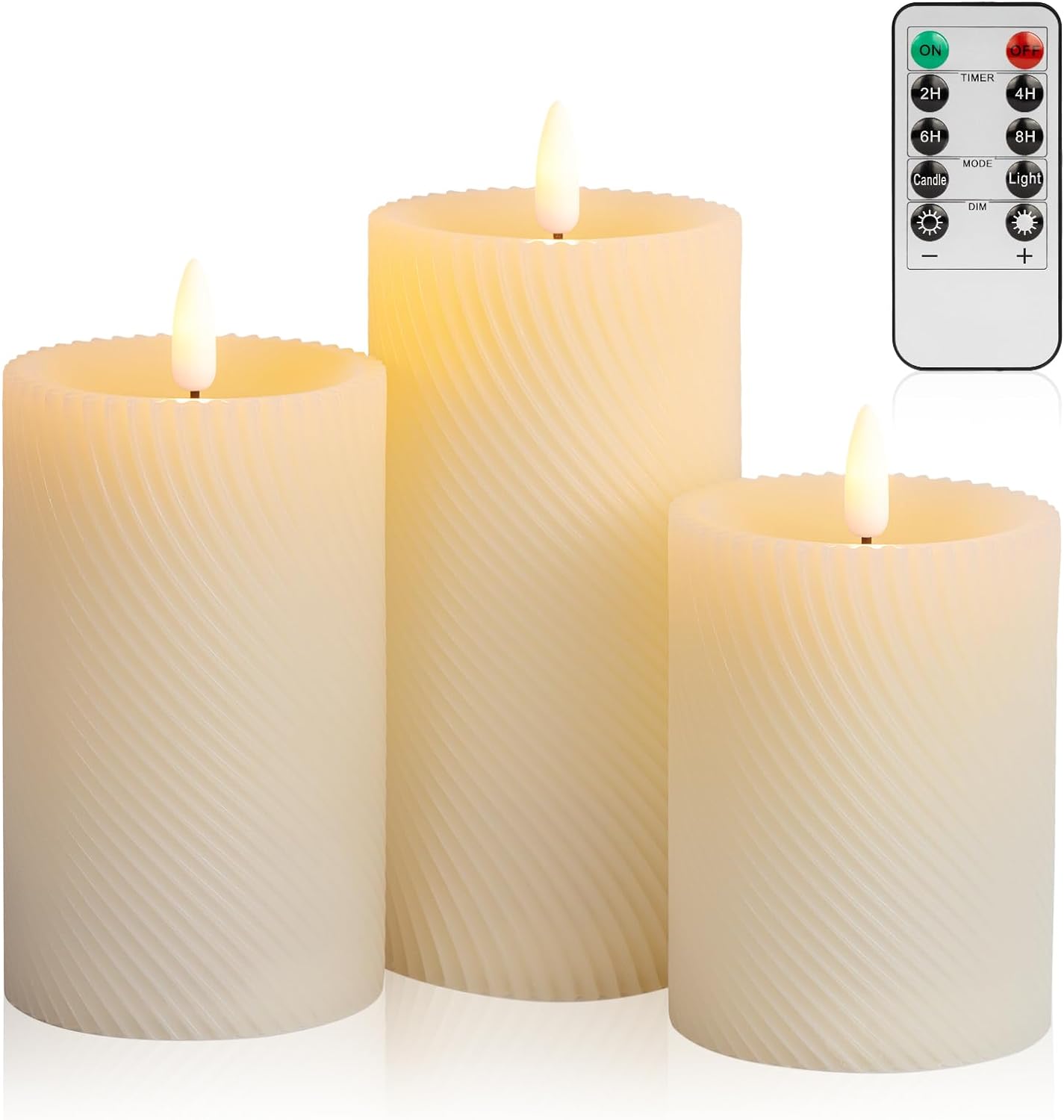 ANGELLOONG Battery Operated Candles Flickering, Remote Control Flameless Candles with Timer, Fake LED Electric Pillar Candles for Home Party Holiday Christmas Decor, Twill