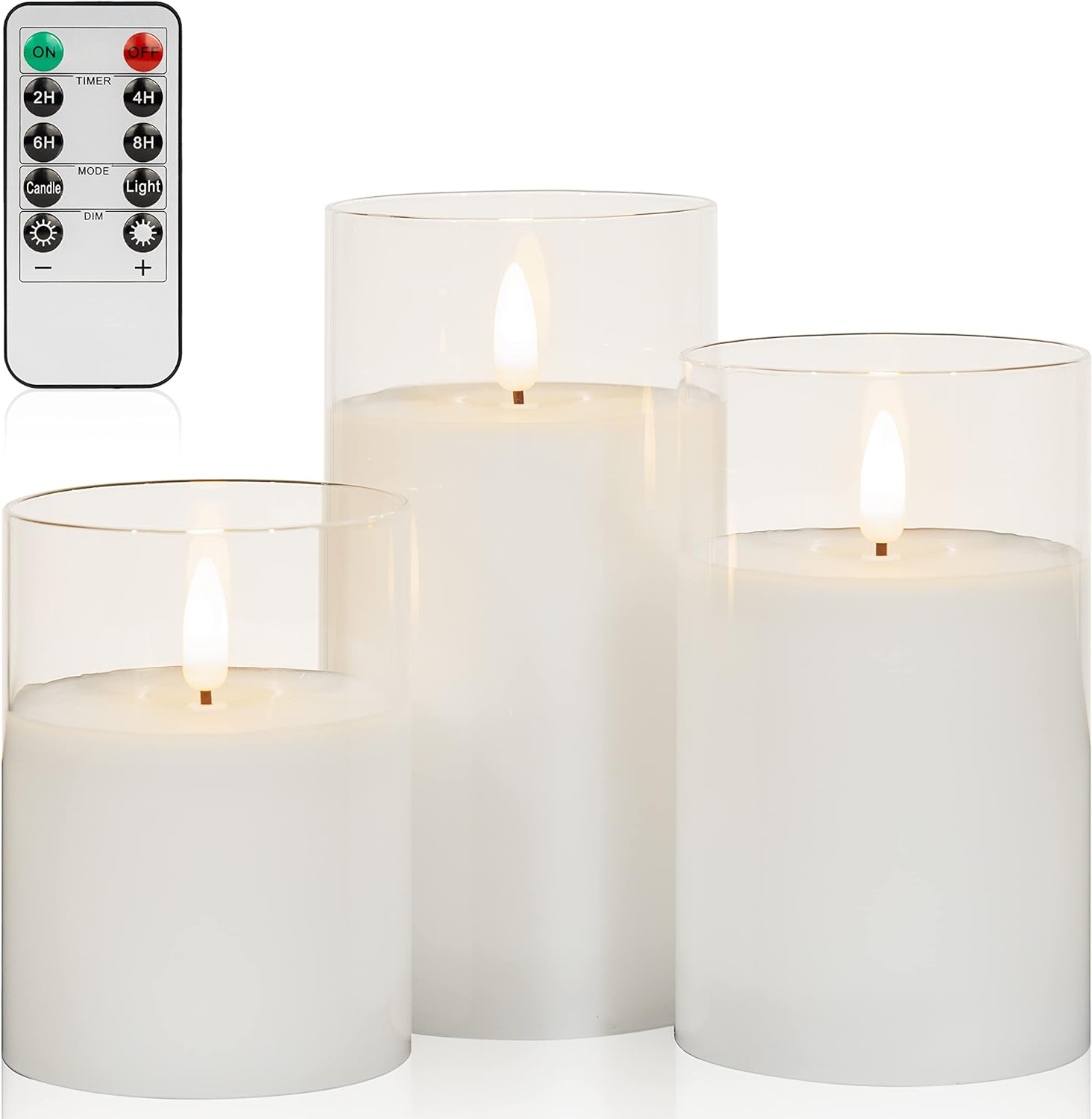 ANGELLOONG Glass Flameless Candles with Remote, Battery Operated Candles with Timer, Fake LED Flickering Candles for Farmhouse Bathroom Living Room Decor, Clear