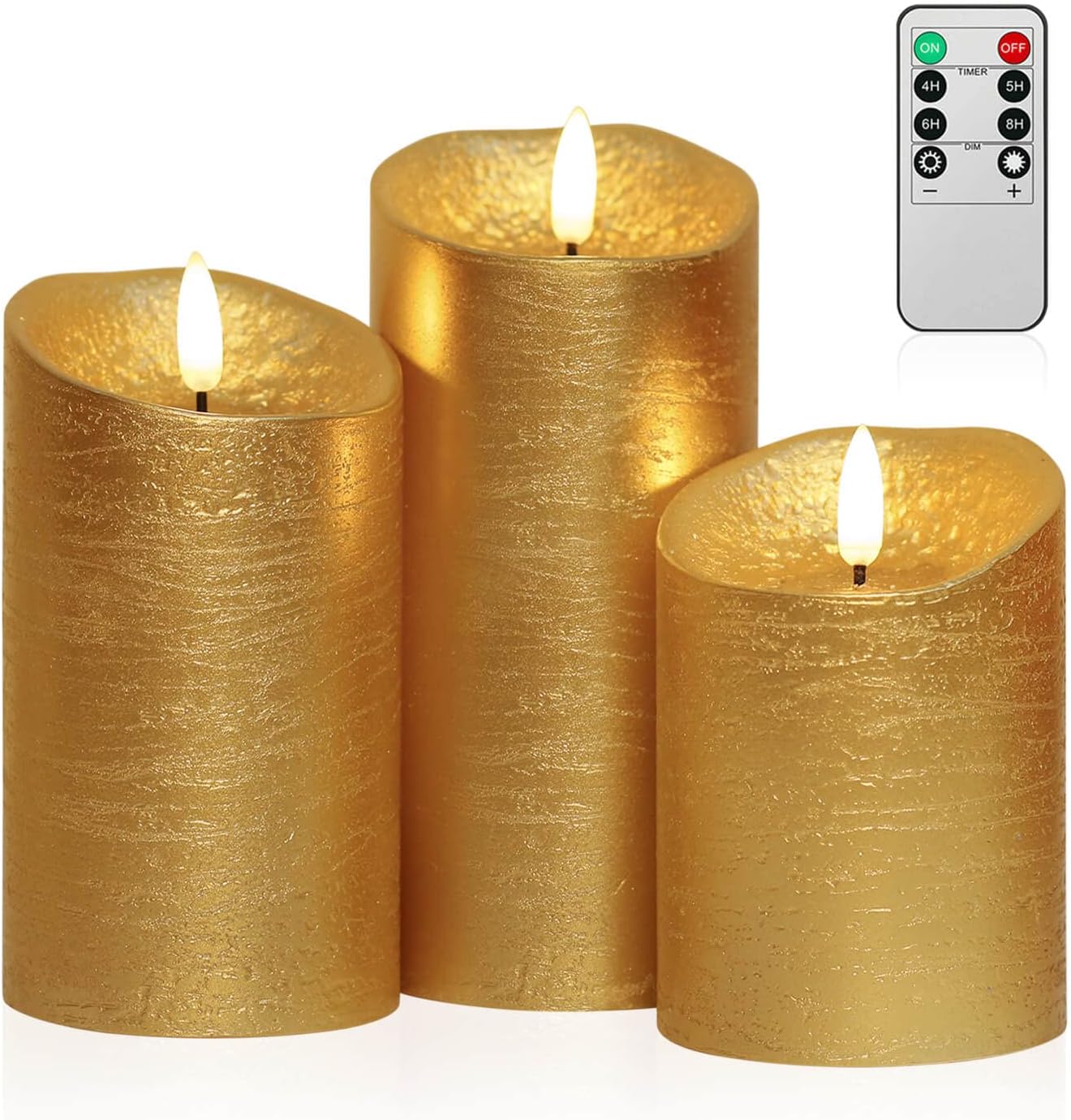 ANGELLOONG Flickering Flameless Candles with Timer, Battery Operated Candles with Remote, Set of 3 Real Wax Holiday LED Candles for Valentines Wedding Party Home Decor, Gold