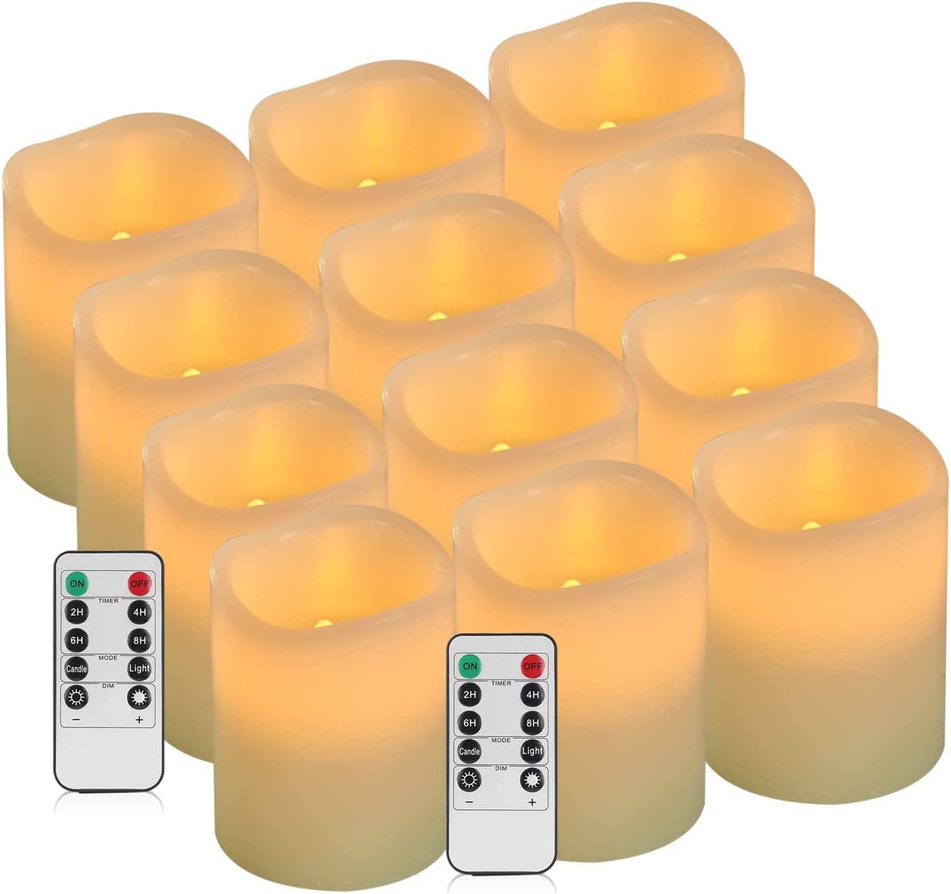 Flameless Candles Battery Operated Candles Set of 12 Ivory Real Wax Pillars Flickering Candles Ivory LED Flameless Candles with Remote and Timer Control (D: 3 x H: 4)