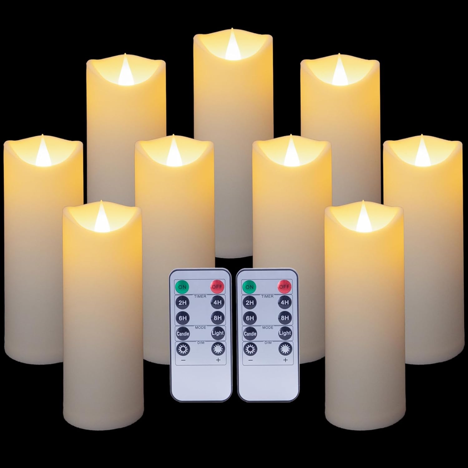 Enido 9 Pc Flickering Flameless Candles with Remote Timer for Romantic Ambiance and Home Decoration Battery Operated Candles LED Candles Pillar Candles with 3D Flame, Battery Candles