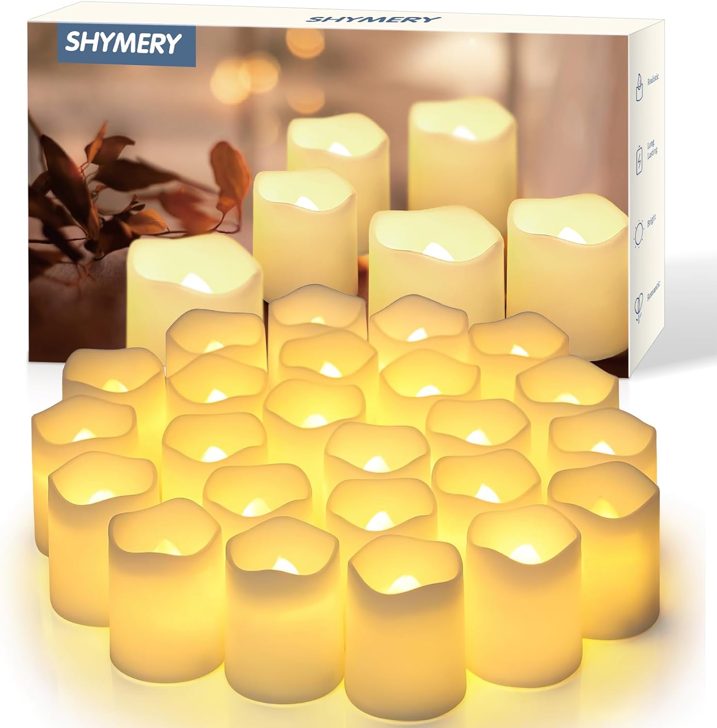 SHYMERY Flameless Votive Candles, Flickering Electric Fake Candle,24 Pack 200 Hour Battery Operated LED Tea Lights in Warm White for Wedding, Table, Festival, Halloween,Christmas Decorations