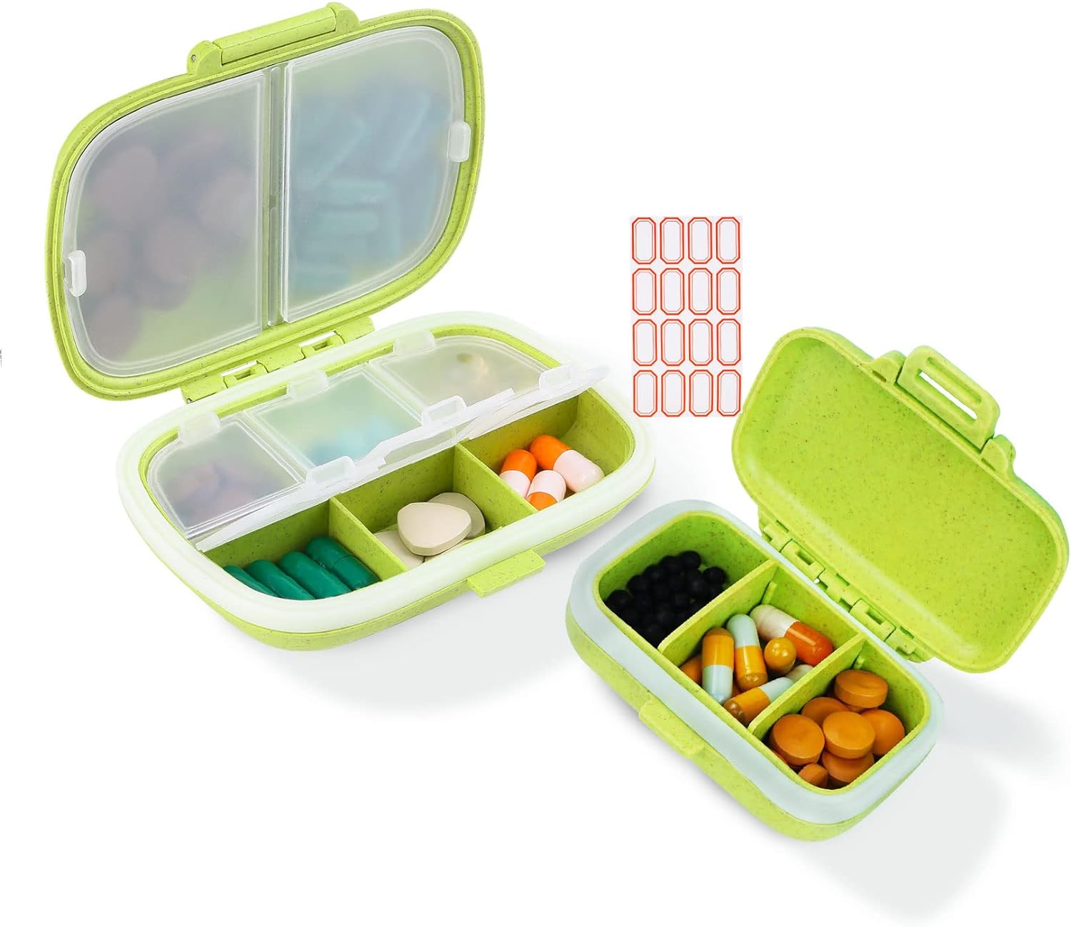 These are really nice, well made, hard case, medium and small sized storage for daily meds while traveling (or purse, work, gym, etc) each compartment has a lid that helps prevent spilling, and the containers are sealed when closed