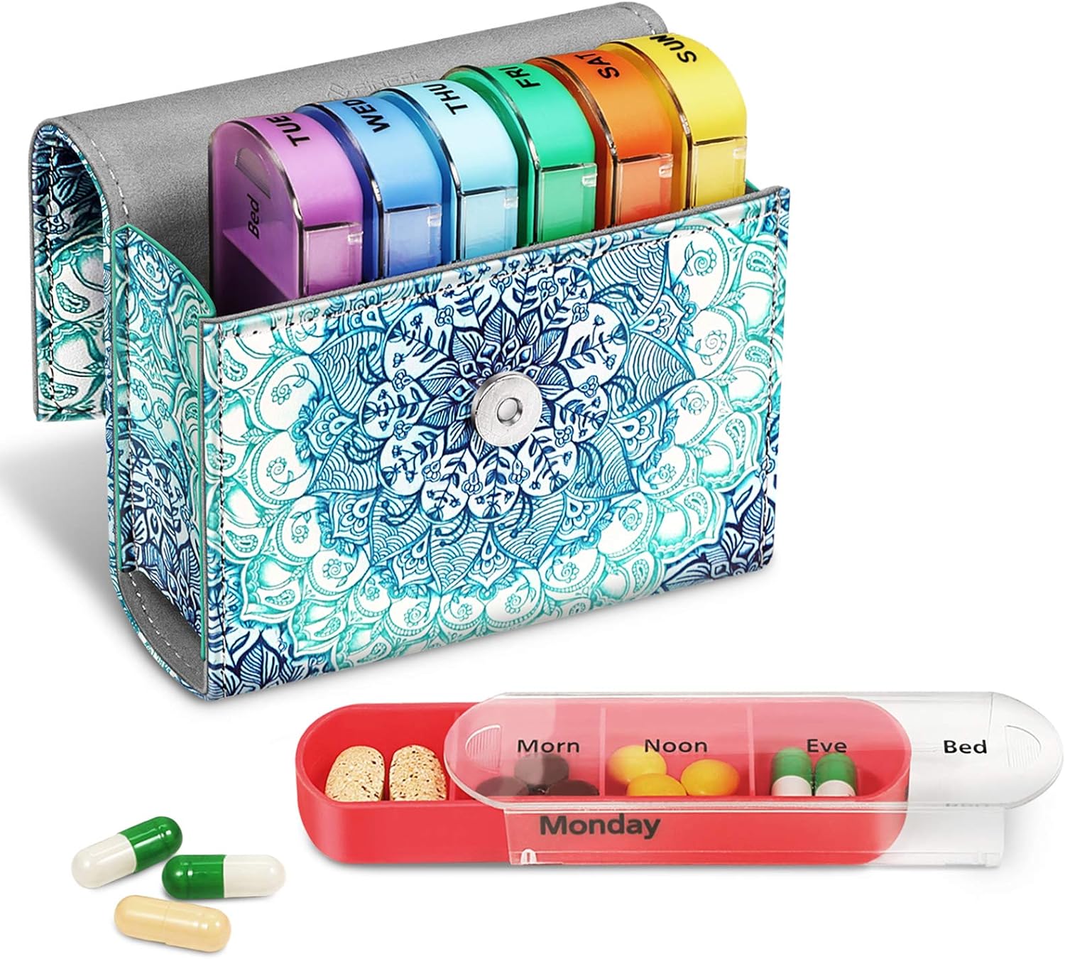 Love the easy to carry medication case. Sturdy, pretty and easy to spot when looking in your bag for meds. Will continue to buy when used and ready for a new case.