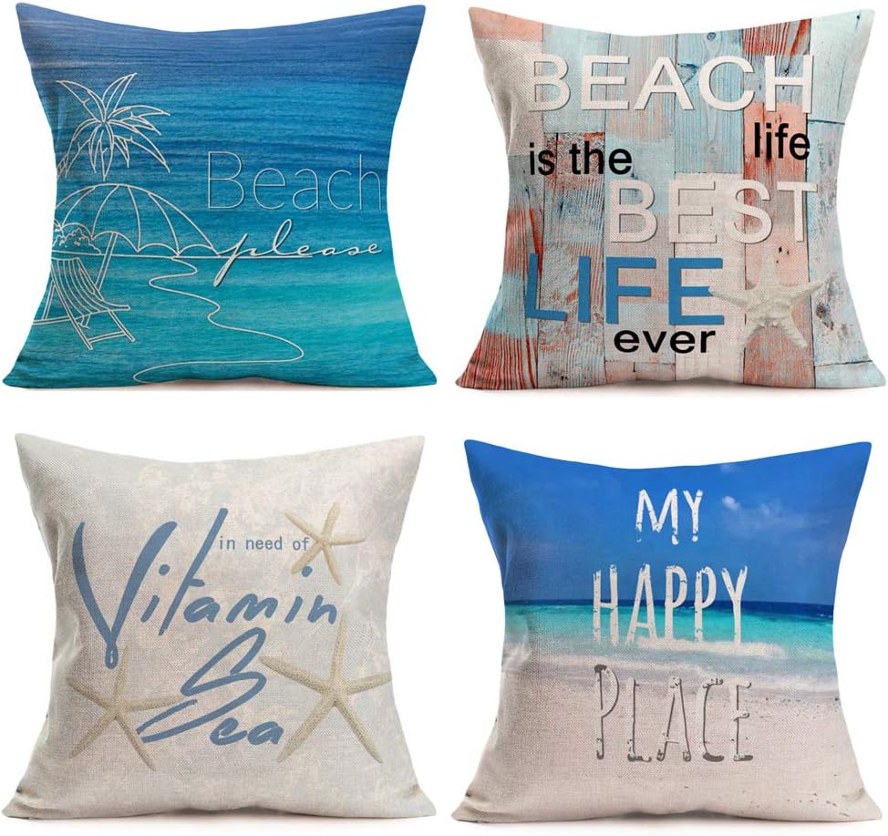 Set of 4 Summer Beach Happy Place Throw Pillow Covers 18x18 Inch Rustic Wooden Ocean Sea Sign Starfish Tropical Trees Coastal Quotes Pillow Cases Home Decor Cotton Linen