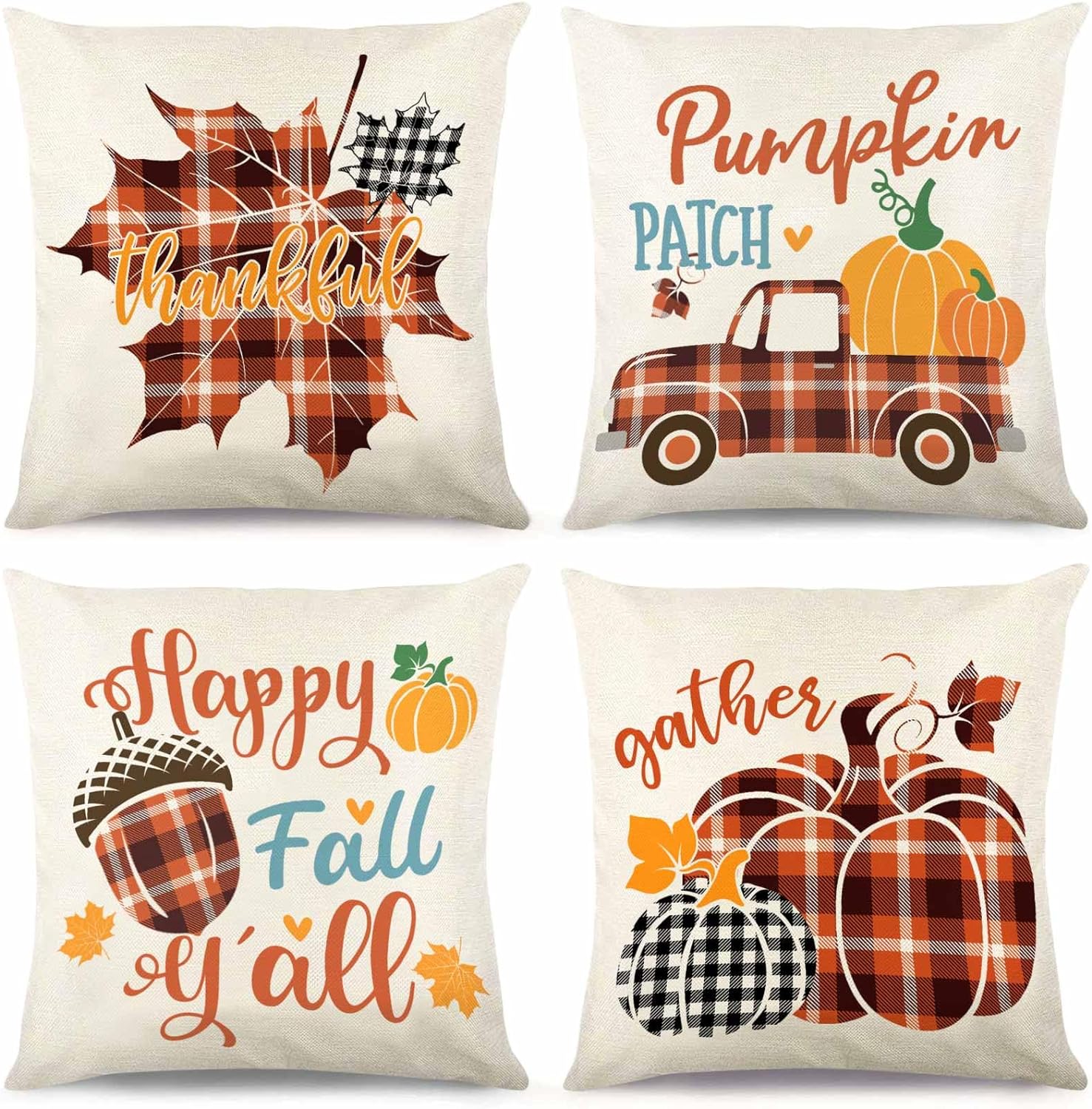 Fall Pillow Covers 18x18 Set of 4, Fall Decor Buffalo Plaid Pumpkin Maple Leaves Acorn Truck Happy Fall Yall Outdoor Autumn Pillows Decorative Throw Pillows Farmhouse Decorations Autumn Cushion Case