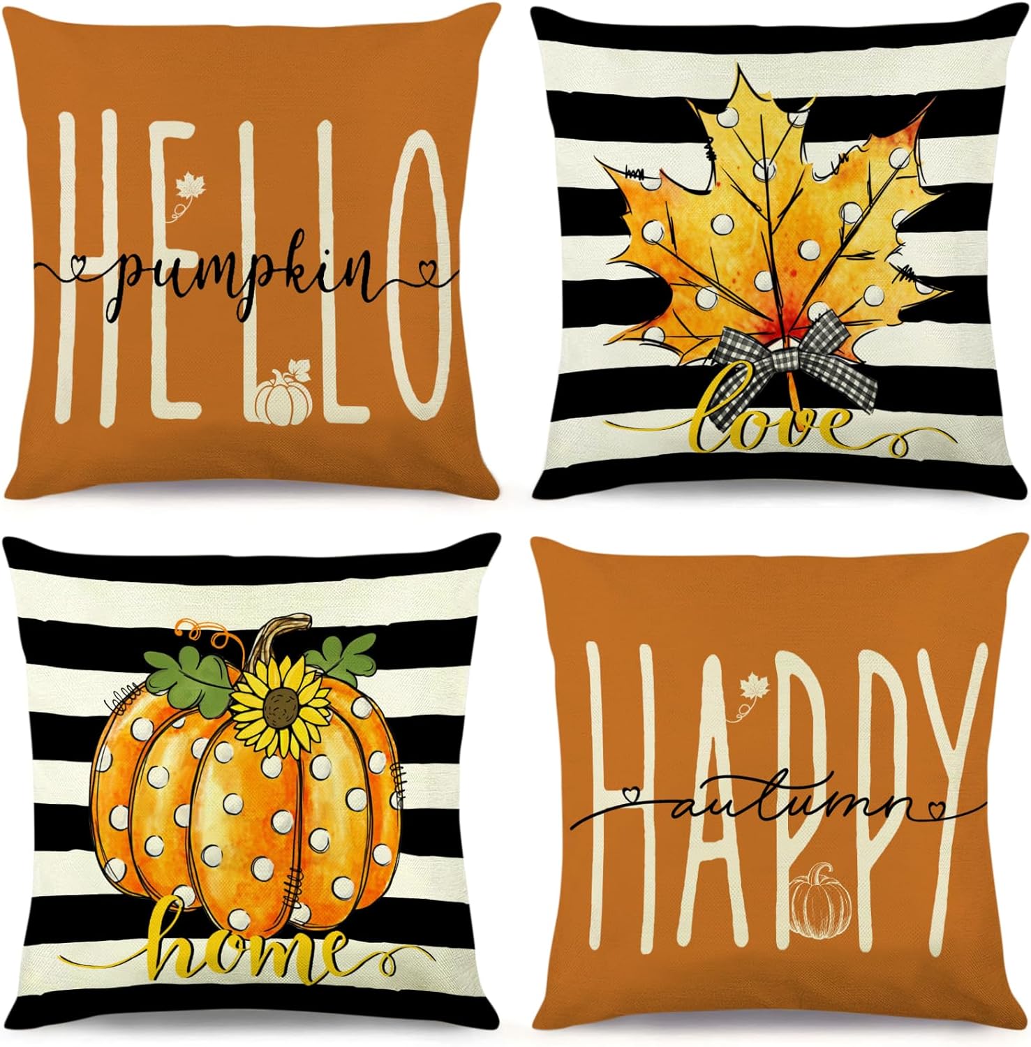 Fall Decor Pillow Covers 18x18 inch Set of 4, Stripes Orange Pumpkin Maple Leaf Happy Autumn Outdoor Thanksgiving Harvest Farmhouse Pillows Decorative Throw Pillows Cushion Case for Couch Sofa