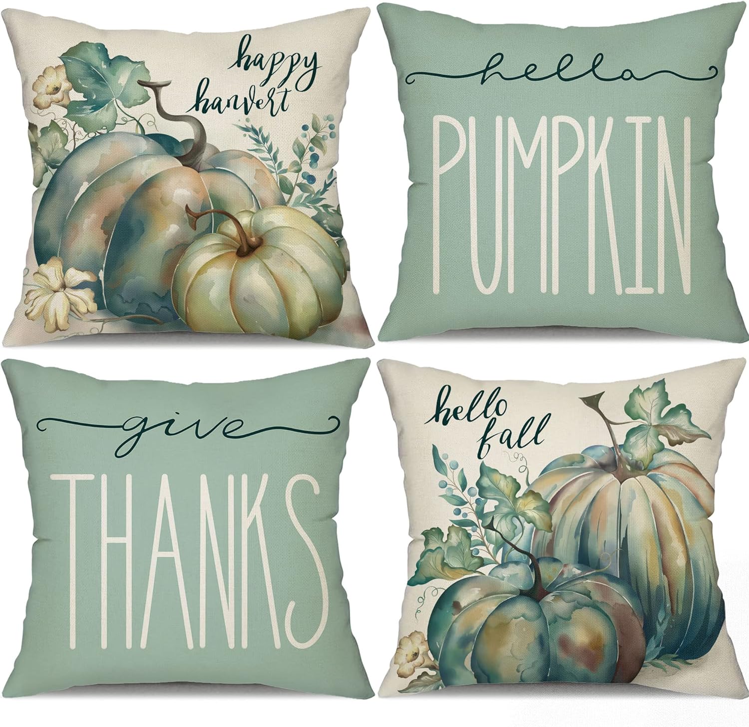 DFXSZ Fall Pillow Covers 16x16 inch Set of 4 Watercolor Pumpkin Hello Pumpkin Give Thanks Decorative Throw Pillow Case Autumn Thanksgiving Farmhouse Decoration for Home Couch