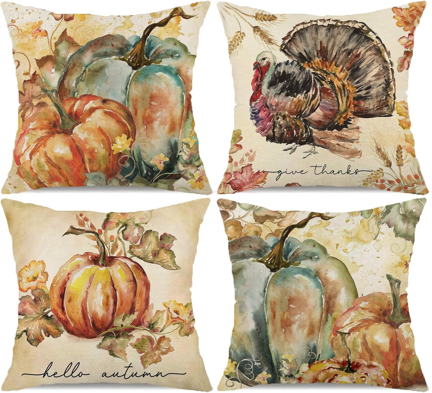 Fall Pumpkin Pillow Covers 18x18 Inch Set of 4 Watercolor Pumpkin Turkey Autumn Harvest Decorative Throw Pillow Cases Autumn Thanksgiving Quotes Holiday Outdoor Cushion Covers for Sofa