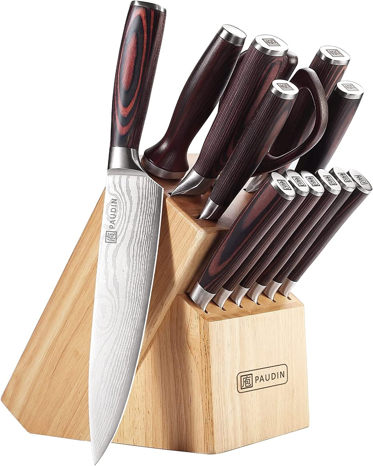 PAUDIN Kitchen Knife Set with Block, 14 Pieces Knife Sets for Kitchen with Block, High Carbon German Stainless Steel Sharp Chef Knife Set with Ergonomic Pakkawood Handle