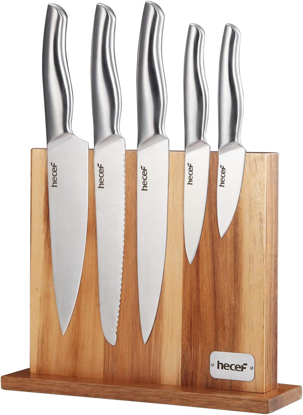 Hecef 6 Piece Kitchen Knife Block Set,All Metal Construction Hollow Handle Tapper Ground Knives & Double Sided Magnet Wood Knife Block