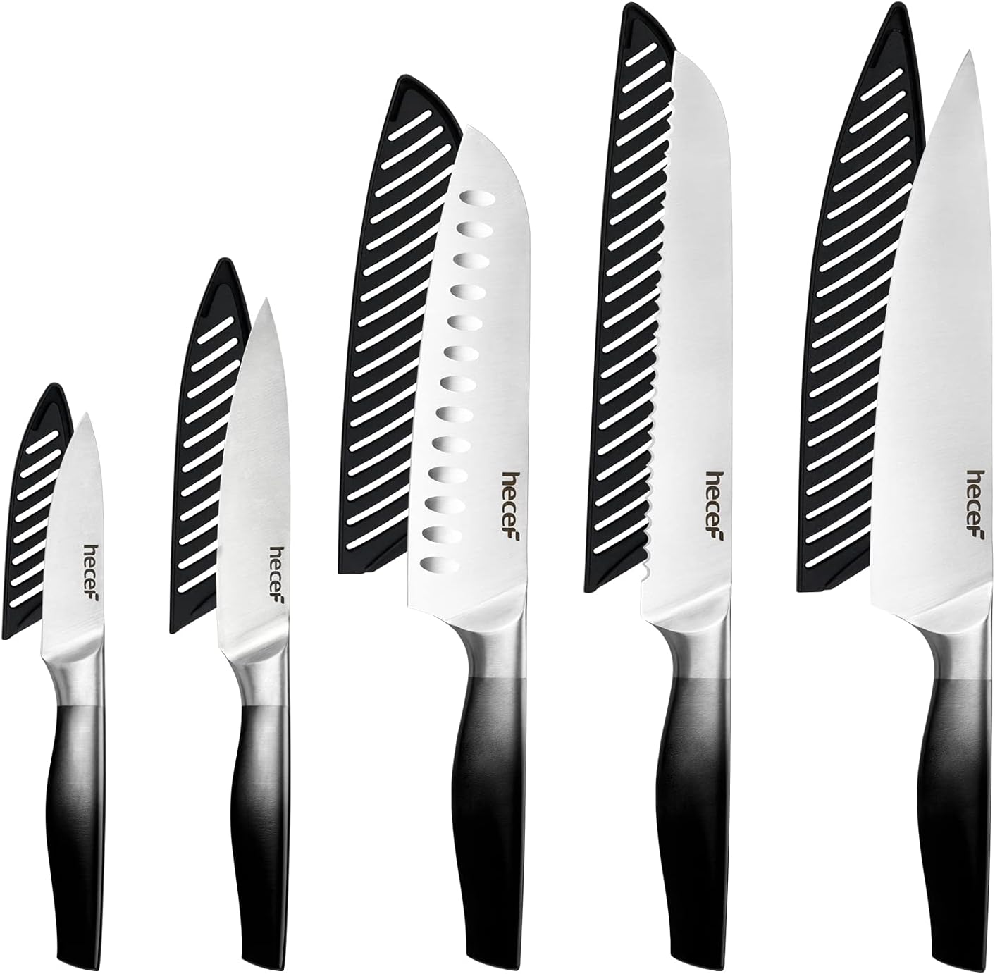 hecef Gradient Black Kitchen Knife Set of 5, Chef Knife Set with Satin Finished Blade & Hollow Handle & Protective Sheaths, Includes Chef, Santoku, Bread, Utility & Paring Knife