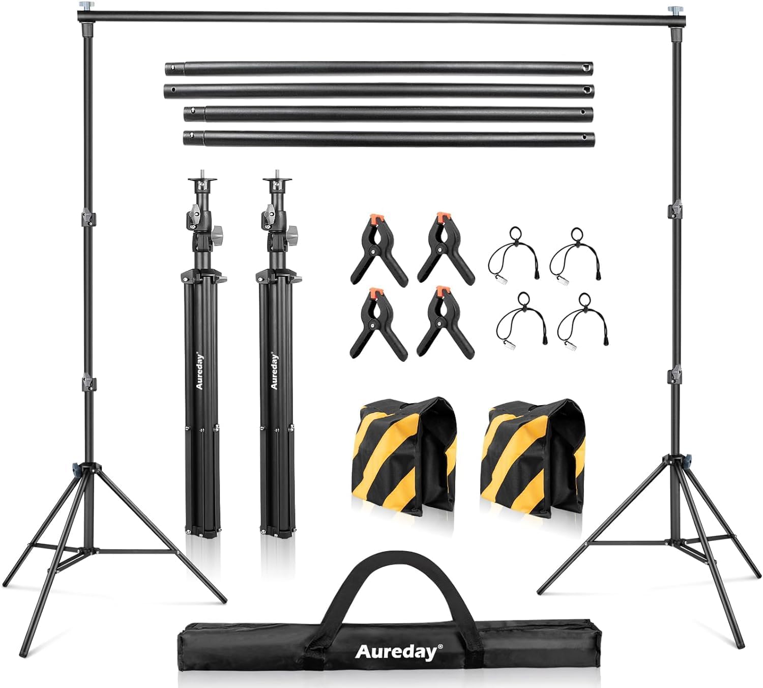 Aureday Backdrop Stand, 10FT Adjustable Photo Backdrop Stand for Parties, Heavy Duty Background Stand with Travel Bag, 6 Backdrop Clamps, 4 Crossbars, 2 Sandbags for Wedding/Decorations/Photoshoot