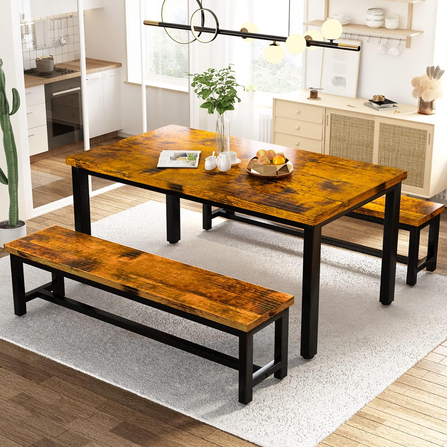 AWQM Dining Room Table Set, Kitchen Set with 2 Benches, Ideal for Home, and Room, Breakfast of 43.3x23.6x28.5 inches, Benches 38.5x11.8x17.5 Industrial Brown