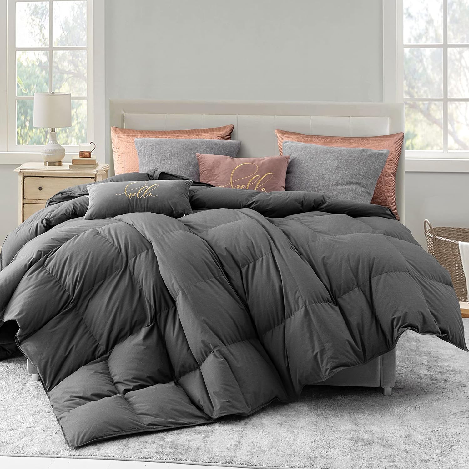 Three Geese Luxurious Down Comforter King Size, Ultra-Soft& Breathable Noiseless Cover, Lightweight All Seasons Down Duvet Insert Baffle Box Design - 41oz Fill Weight(Gray,106L x 90W)