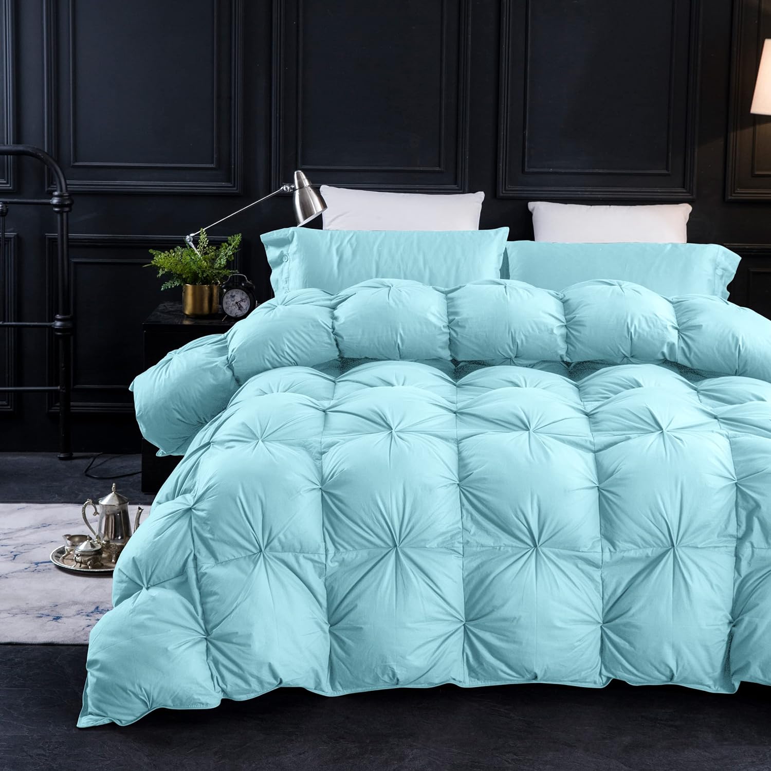 Three Geese Pinch Pleat Goose Feathers Down Comforter King Size Duvet Insert,750+ Fill Power,1200TC 100% Cotton Fabric,Premium Aqua Sky Comforter for All Seasons with 8 Tabs