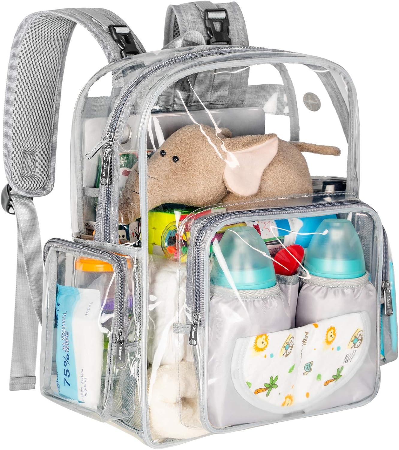 I've had clear diaper bags before, this one isn't my favorite because i wish it was a big rectangle (with i couldn't find on Amazon) however, it is a softer plastic and not as stiff as some bags. The amount of pockets is great. Quality is good. I like that it has the ability to snap into my stroller, cause i wouldn't be able to fit it in the bottom of the stroller. The back pack function with easy resizing is very convenient as well.