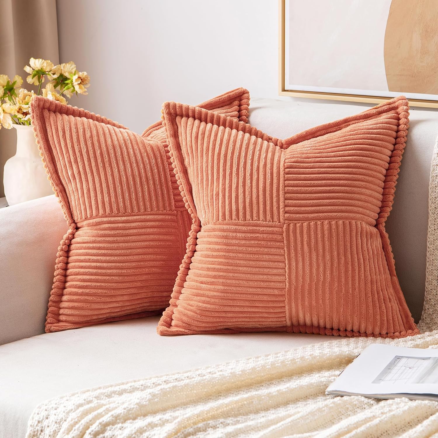 MIULEE Coral Red Corduroy Pillow Covers 18x18 Inch with Splicing Set of 2 Super Soft Boho Striped Pillow Covers Broadside Decorative Textured Throw Pillows for Spring Couch Cushion Bed Livingroom