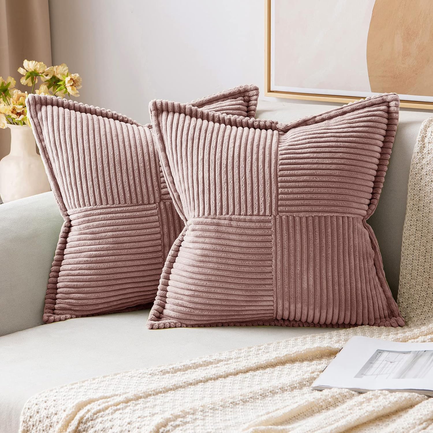 MIULEE Blush Pink Corduroy Pillow Covers with Splicing Set of 2 Super Soft Couch Pillow Covers Broadside Striped Decorative Textured Throw Pillows for Spring Cushion Bed Livingroom 18x18 inch