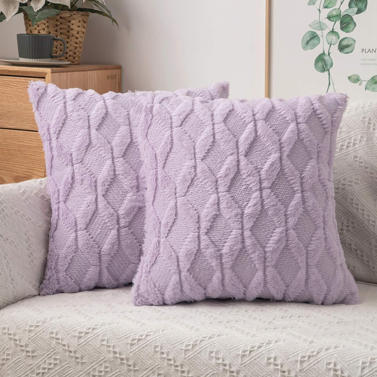 MIULEE Light Purple Throw Pillow Covers 18x18 Set of 2 Spring Decorative Farmhouse Couch Throw Pillows Boho Shells Soft Winter Plush Wool Pillowcases for Bedroom Living Room Sofa