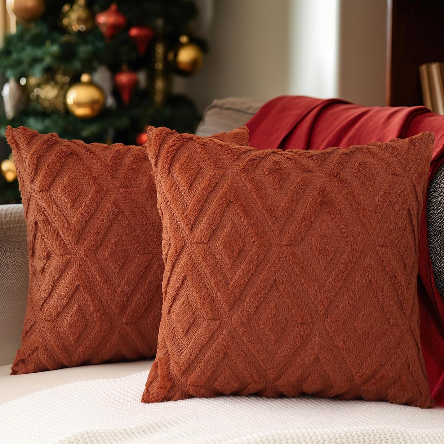 Soft Faux Fur Throw Pillow Covers 16x16 - Plush Short Wool Velvet Decorative Pillow Covers - Couch Sofa Pillow Covers for Living Room - with 3D Diamond Pattern - Set of 2 - Rust