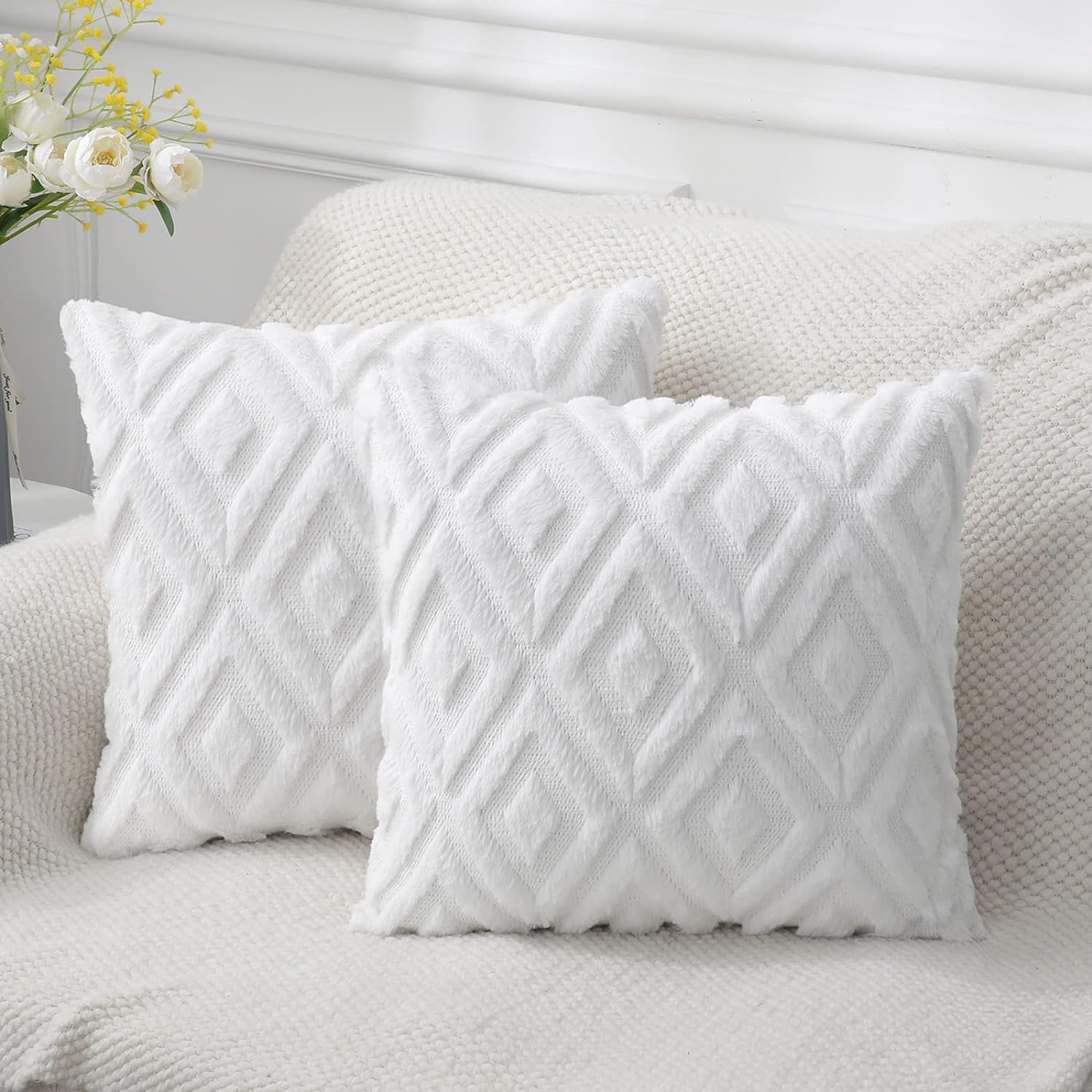 Soft Faux Fur Throw Pillow Covers 16x16 - Plush Short Wool Velvet Decorative Pillow Covers - Couch Sofa Pillow Covers for Living Room - with 3D Diamond Pattern - Set of 2 - Pure White