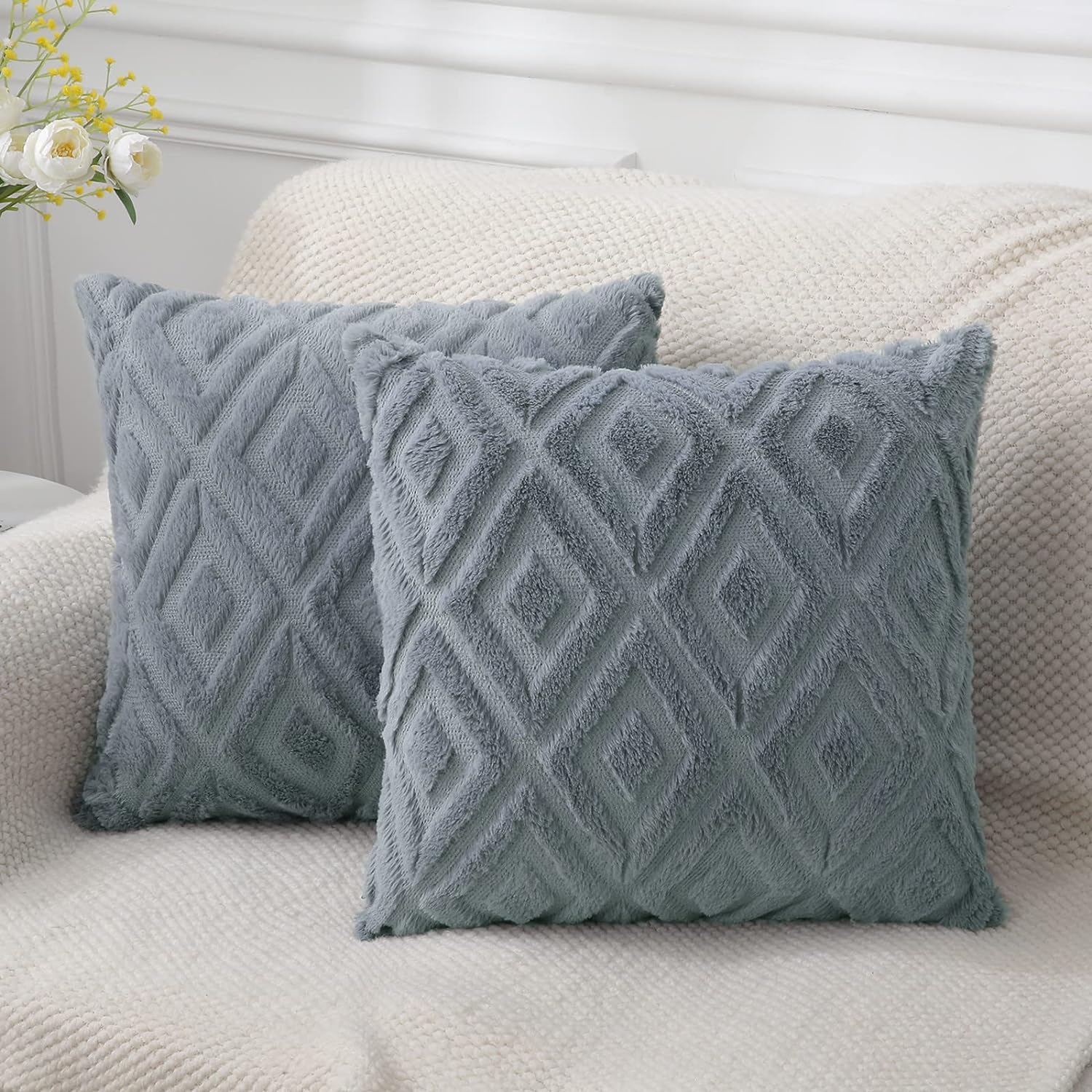 Soft Faux Fur Throw Pillow Covers 16x16 - Plush Short Wool Velvet Decorative Pillow Covers - Couch Sofa Pillow Covers for Living Room - with 3D Diamond Pattern - Set of 2 - Blue Grey