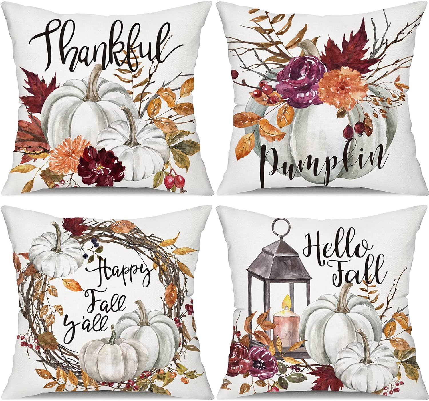 Fall Pillow Covers 18x18 Set of 4 Watercolor Fall Pumpkin Throw Pillow Covers Cotton Linen Autumn Harvest Farmhouse Decor Pillowcases Maple Case with Season Blessings