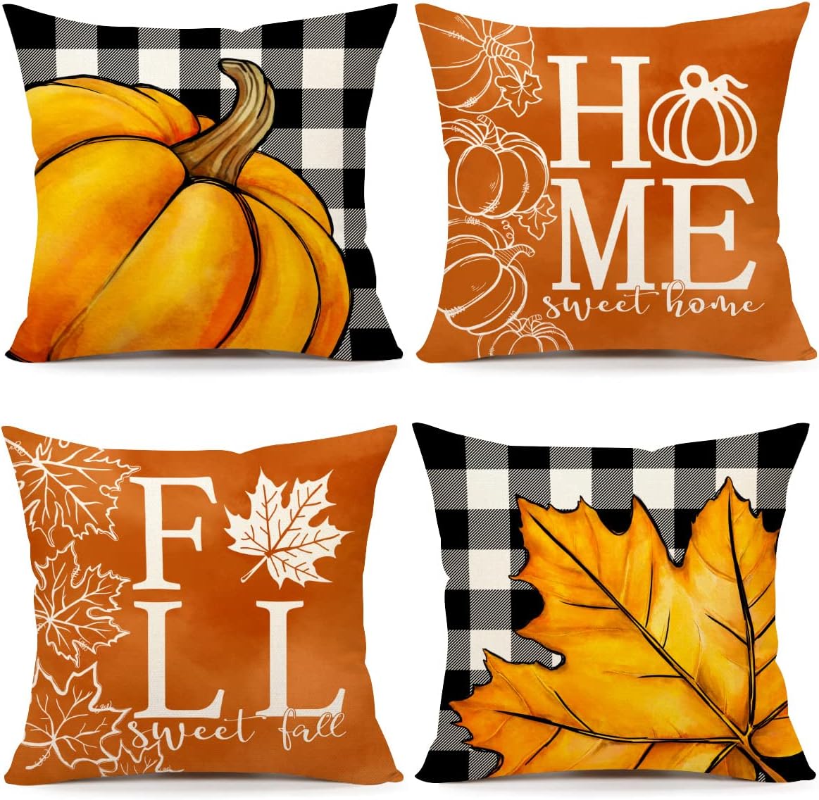 4TH Emotion Fall Decor Pillow Covers 18x18 Set of 4 Buffalo Check Farmhouse Decorations Orange Pumpkin Autumn Farm Throw Cushion Case for Thanksgiving Home Decorative Pillows S23F10