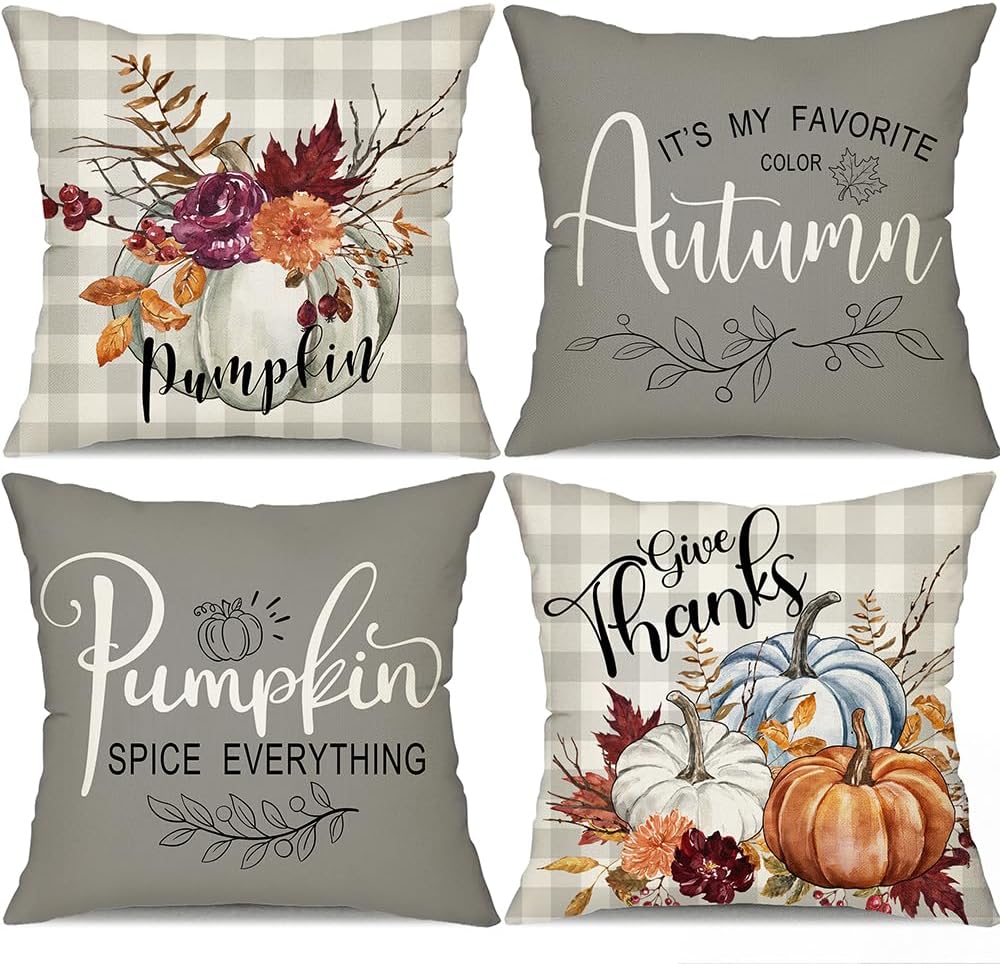 Fall Pillow Covers 18x18 inch Set of 4 Watercolor Pumpkin Throw Pillow Covers Linen Fall Decor Grey Buffalo Plaid Pumpkin Spice Everything Give Thanks Autumn Pillows Decorative Throw Cushion Case